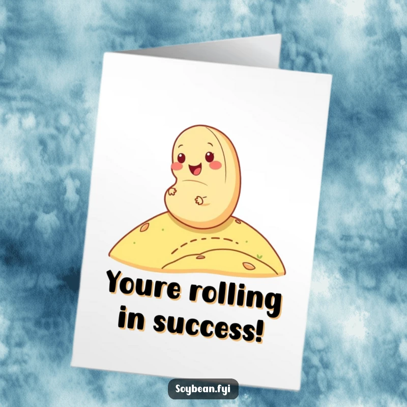 Funny Free Printable Congrats Card: A happy soybean joyfully rolling down a hill, symbolizing unstoppable momentum.