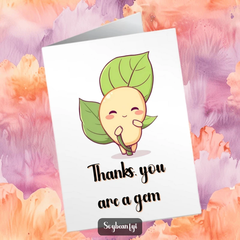 Funny Free Printable Thank You Card: A bashful soybean peeks from behind a leaf, offering a shy yet heartfelt thank you.