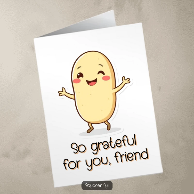 Funny Free Printable Kawaii soybean dancing happily on a thank you card, expressing sincere gratitude.