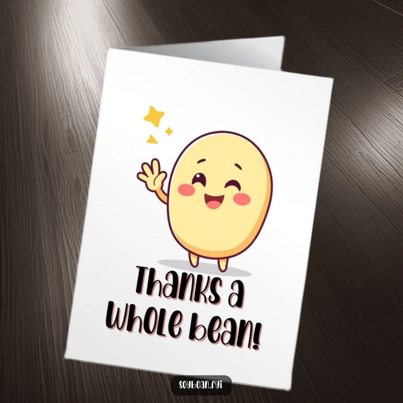 Funny Free Printable Thank You Card: Cheerful Kawaii soybean character extending a happy, triumphant wave.