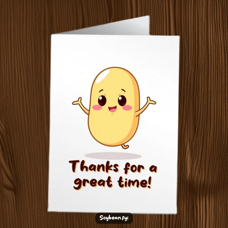 Funny Free Printable Thank You Card: A dancing soybean character with a silly, wobbly motion, expressing fun gratitude, instant download.