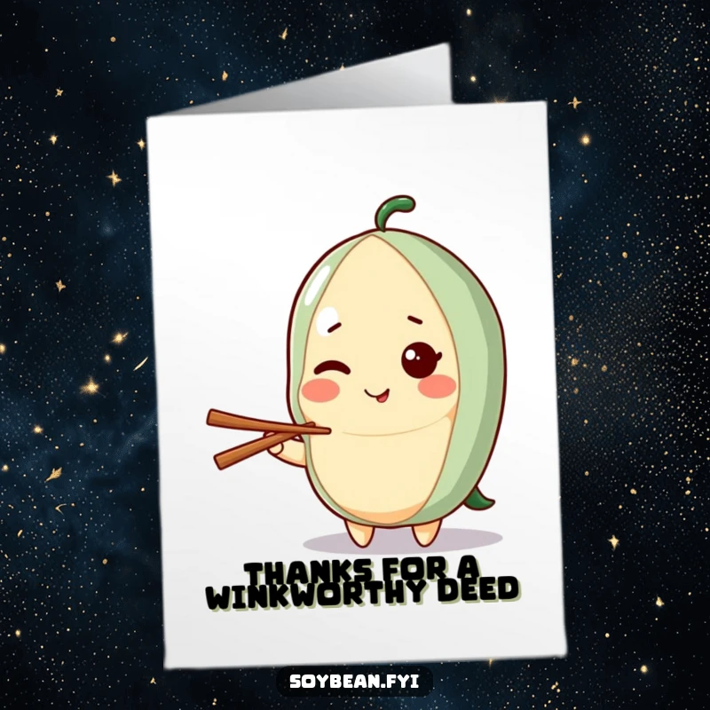 Funny Free Printable Thank You Card: Kawaii soybean character giving a playful wink, holding a chopstick.