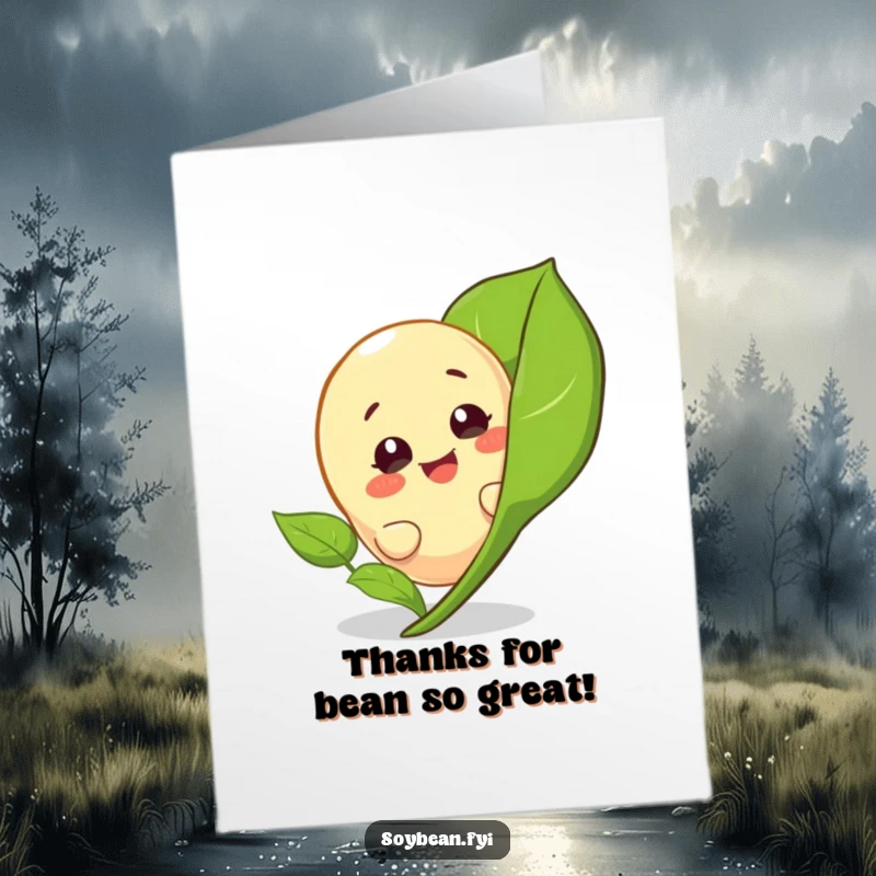 Funny Free Printable Thank You Card with a giggling soybean character peeking playfully from behind a leaf.