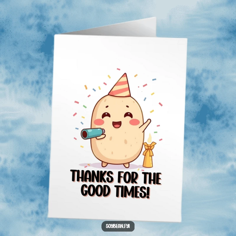 Funny Free Printable Thank You Card: A happy soybean character holding a small confetti cannon, releasing a burst of colorful paper. A creative DIY thank you.
