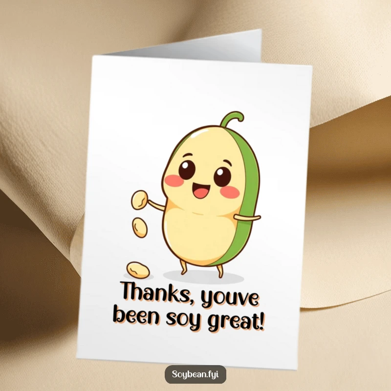 Funny Free Printable Thank You Card: A happy Kawaii soybean character smiles broadly while tossing a small bean in gratitude.