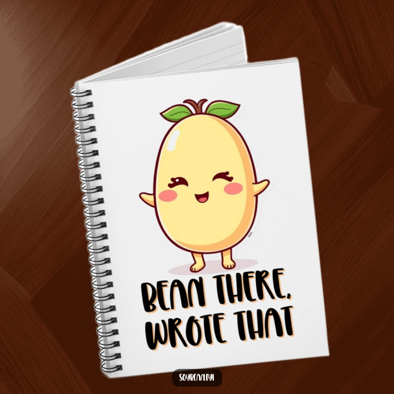 Funny Soybean Notebook with a cute, winking soybean character on the cover, inspiring jotting down ideas with a touch of humor.
