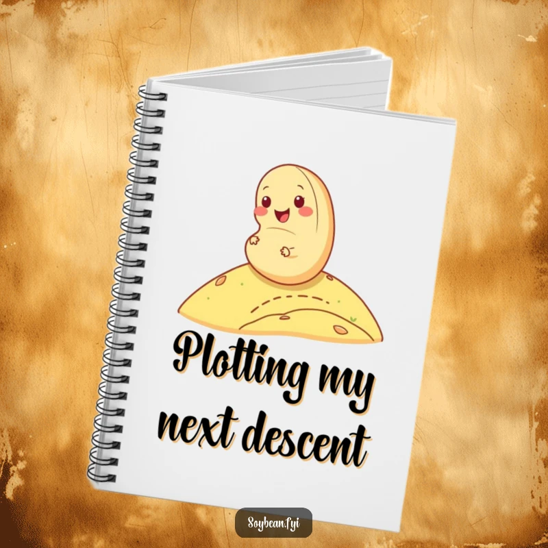 Funny cheerful soybean notebook rolling down a hill, perfect for capturing ideas with energy, a creative funny gift.