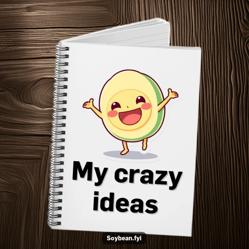 Funny notebook featuring a kawaii soybean doing a cartwheel with a grin, perfect for jotting notes with energetic humor, a fun gift.