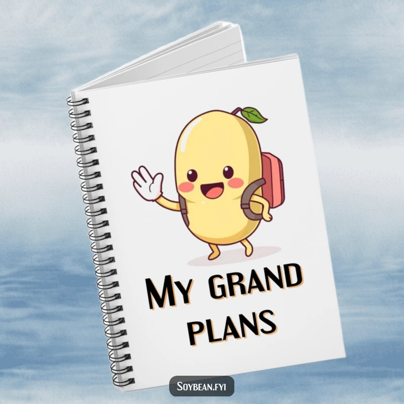Funny notebook featuring a kawaii soybean with a backpack, waving hello with excitement, perfect for jotting happy thoughts with humor, a fun gift.