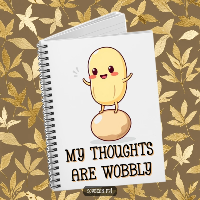 Funny notebook cover with a kawaii soybean character wobbling on a bean, designed for capturing funny notes and doodles.