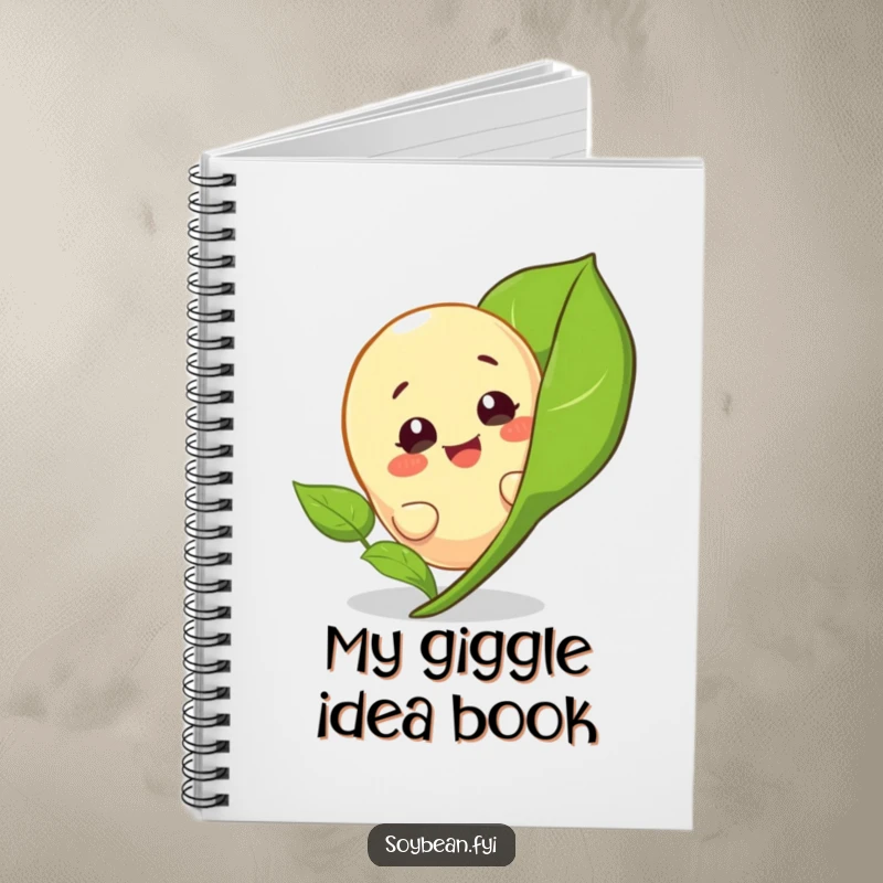 Funny notebook featuring a giggling soybean character peeking from behind a leaf, ideal for notes and creative ideas.