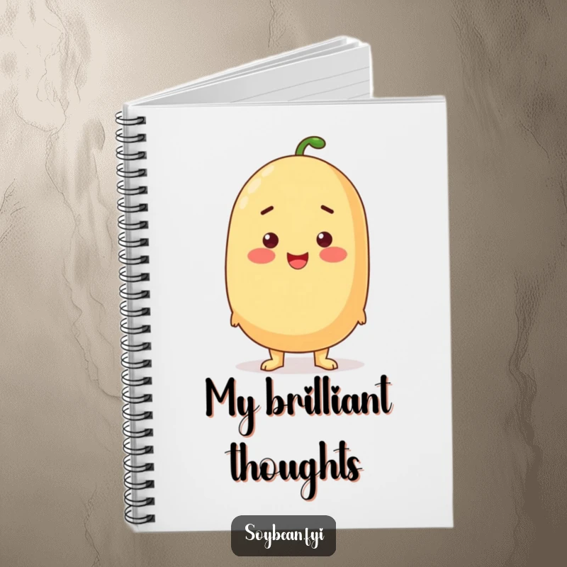 Funny proud soybean standing tall with a rosy blush on a notebook cover.