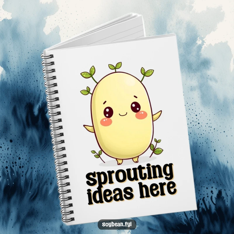 Funny notebook featuring a cheerful soybean character sprouting leaves, ideal for jotting down ideas and plans.