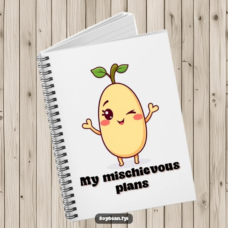 Funny soybean notebook with a playful anthropomorphic soybean giving a mischievous wink and a wave, perfect for humorous note-taking.