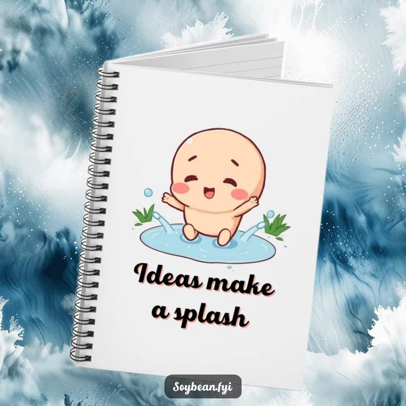 Funny notebook featuring a happy soybean character splashing in a tiny puddle, designed for note-taking and capturing joyful thoughts.