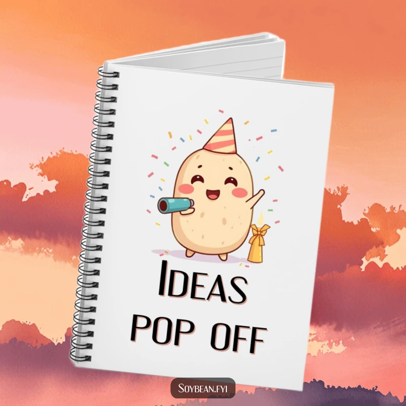 Funny notebook cover featuring a soybean character firing a confetti cannon, perfect for planning parties, events, or everyday notes with a cheerful twist.
