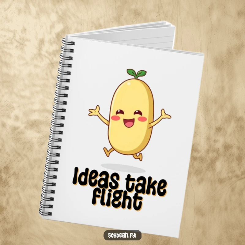 Funny energetic soybean doing a jumping jack on a notebook cover, for note-takers.
