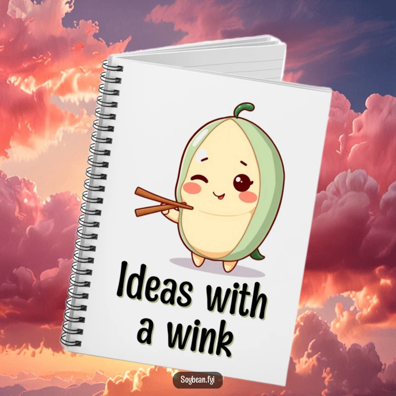 Funny notebook cover featuring a kawaii soybean character giving a playful wink while holding a chopstick, perfect for jotting down witty thoughts.