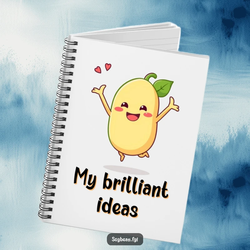 Funny soybean notebook with a grinning anthropomorphic soybean doing a celebratory jump, perfect for humorous note-taking.