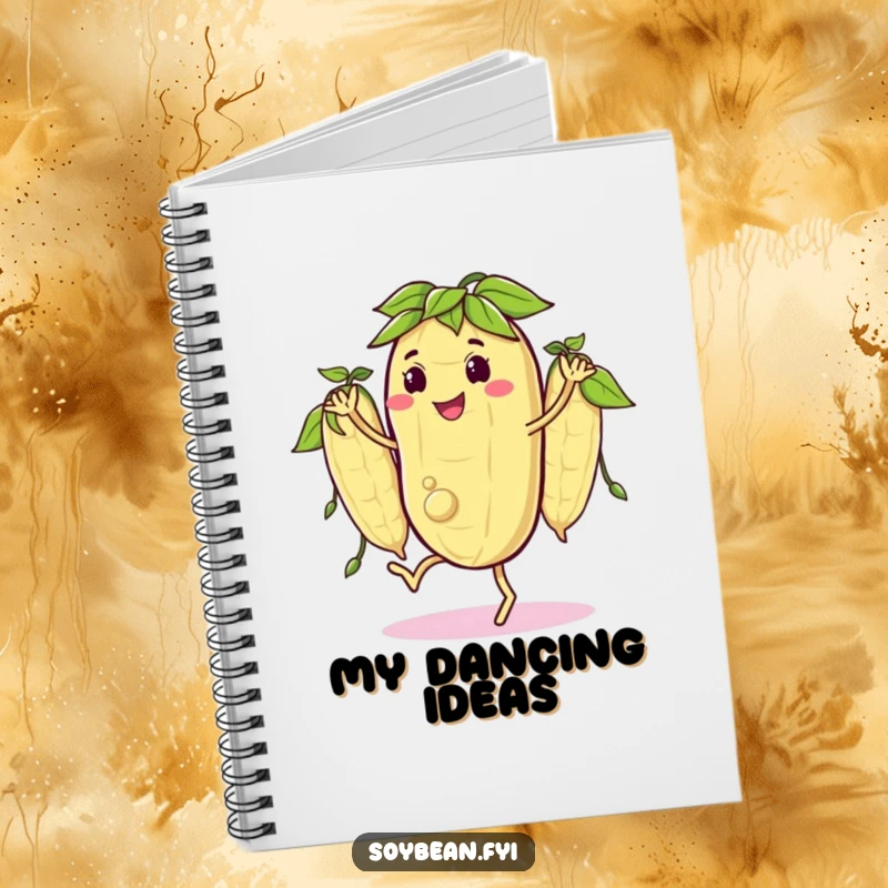 Funny notebook with a happy soybean character doing a little jig with its bean pods in sync, perfect for jotting down musical ideas and thoughts.