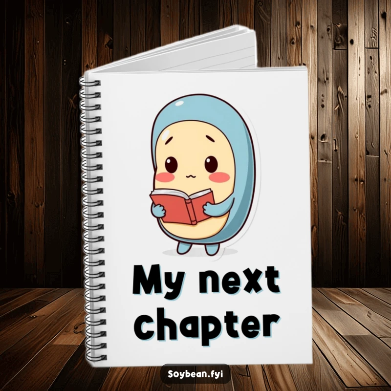 Funny notebook cover featuring a pensive soybean character holding a small book, perfect for journaling, note-taking, and literary reflections.