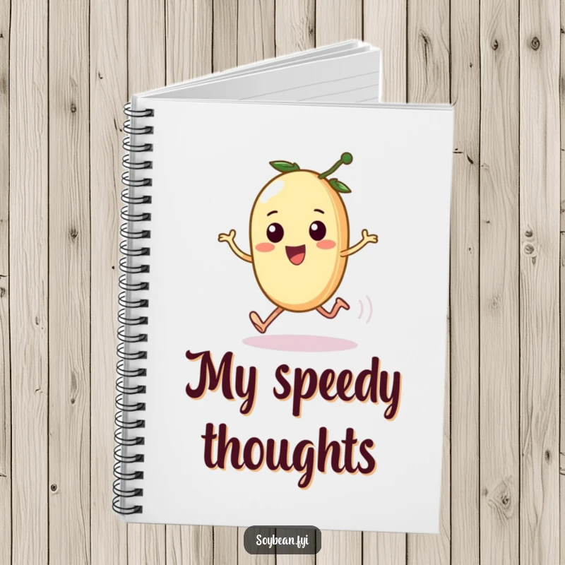 Funny notebook embellished with a kawaii soybean comically sprinting on tiny legs, perfect for jotting notes with a humorous touch, a fun gift.