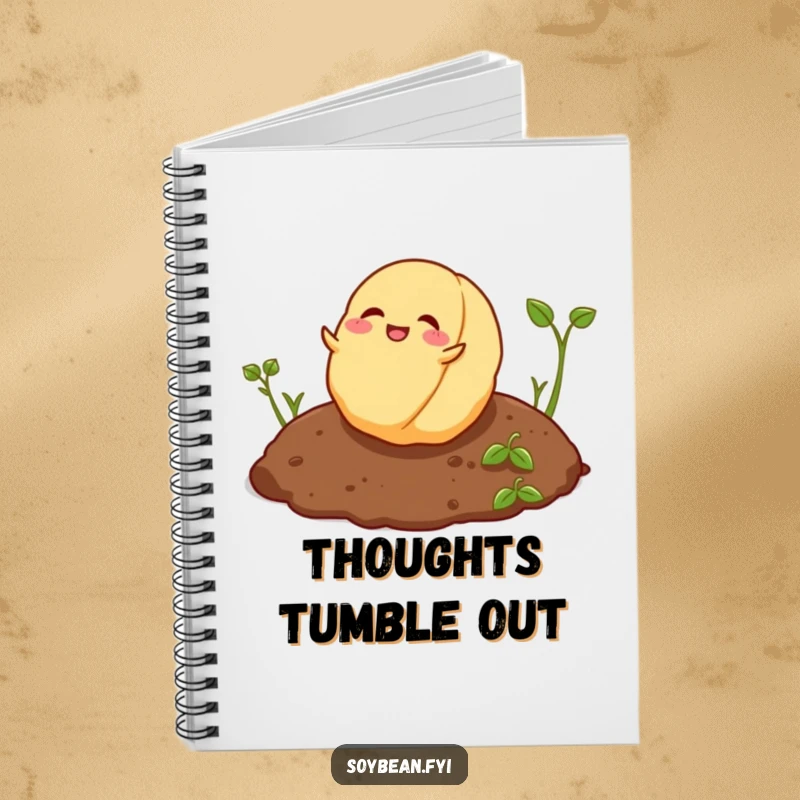 Funny playful soybean rolling joyfully on soil on a notebook cover.