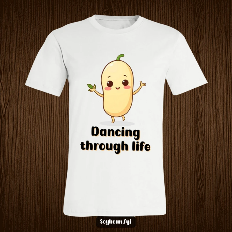 Funny t-shirt featuring an animated soybean character dancing joyfully with its small leafy arms, showcasing pure fun and rhythm.