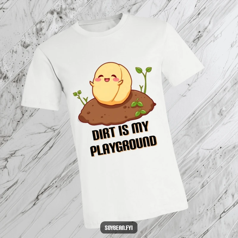 Funny playful soybean rolling joyfully on a patch of soil depicted on a t-shirt.