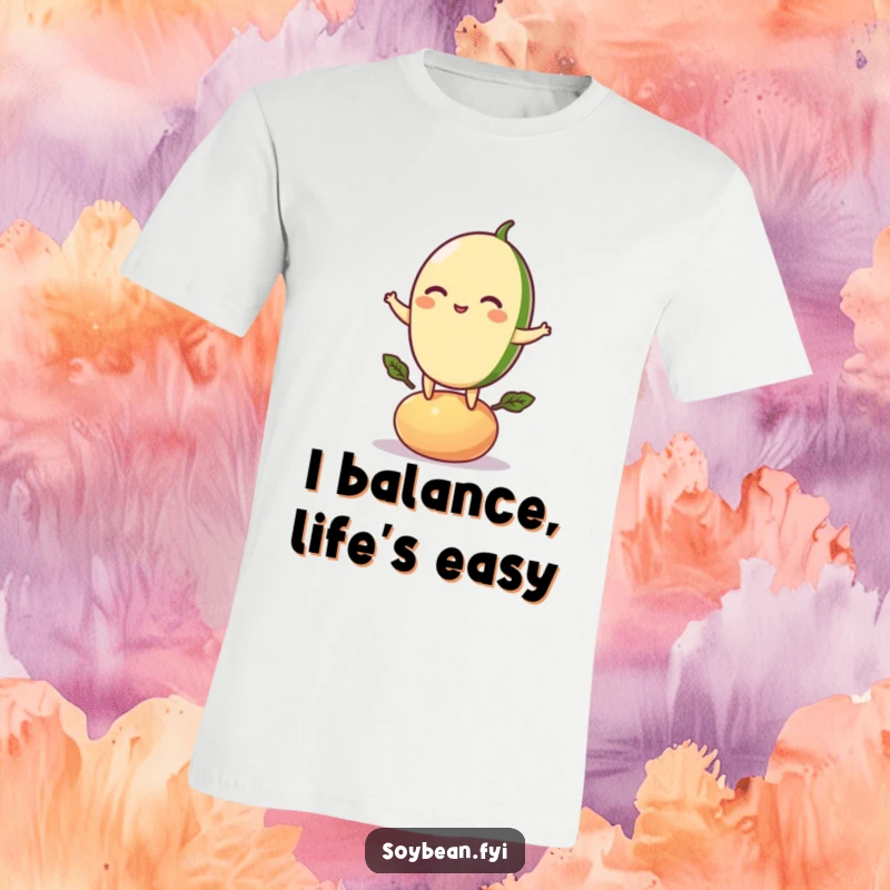 Funny t-shirt showcasing a playful soybean character perfectly balanced on a tiny bean pod, conveying charm and skill.