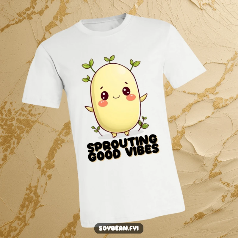 Funny t-shirt depicting a bright-eyed soybean character with tiny leaves sprouting, radiating cheerful growth.
