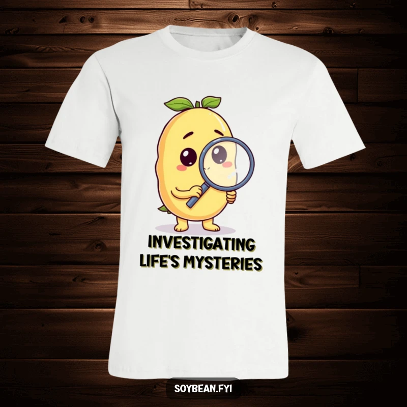 Funny soybean t-shirt with a curious anthropomorphic character holding a magnifying glass, examining details with humor.