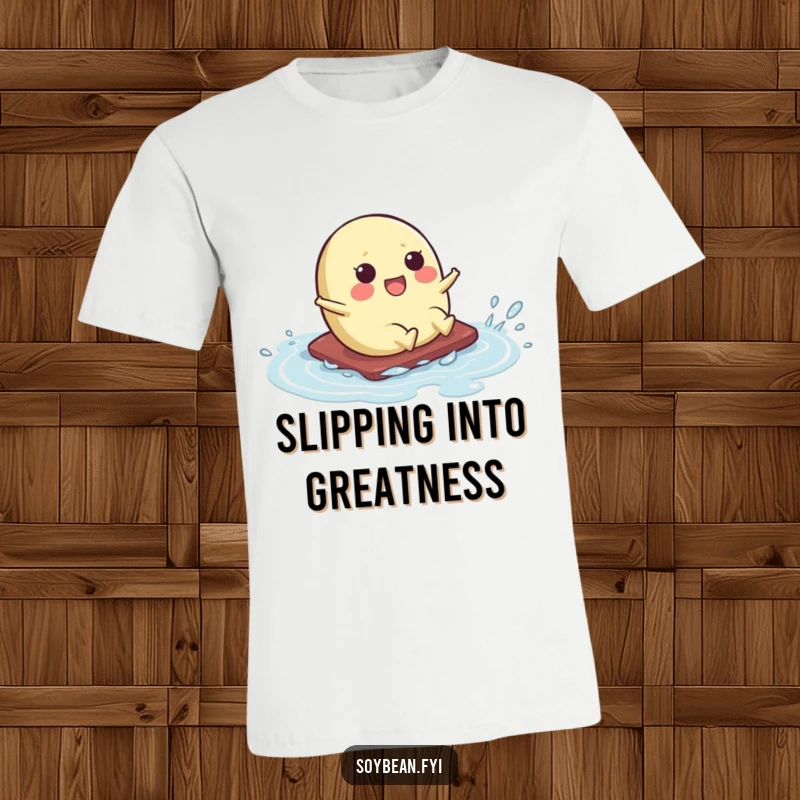 Funny t-shirt featuring a kawaii soybean character performing a comical slide across a slick surface, their expression one of surprised delight.