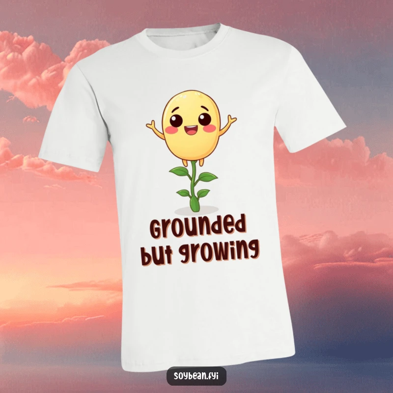 Funny soybean t-shirt with a joyful anthropomorphic soybean balancing on a tiny sprout, ideal for relaxed and humorous wear.