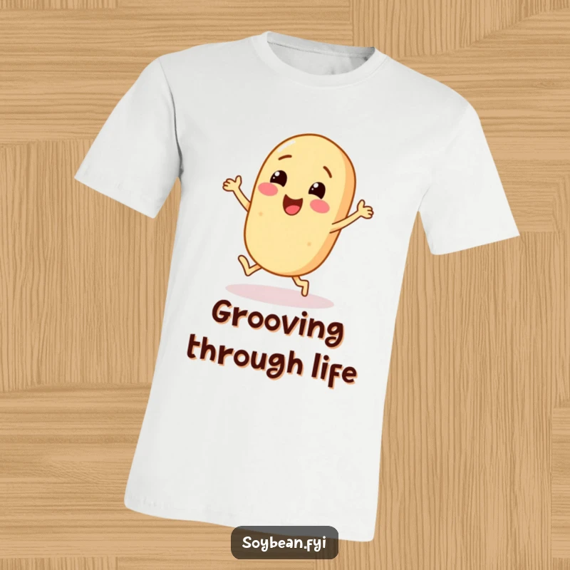 Funny Soybean T-Shirt: A happy soybean character shown mid-dance with its tiny feet moving.