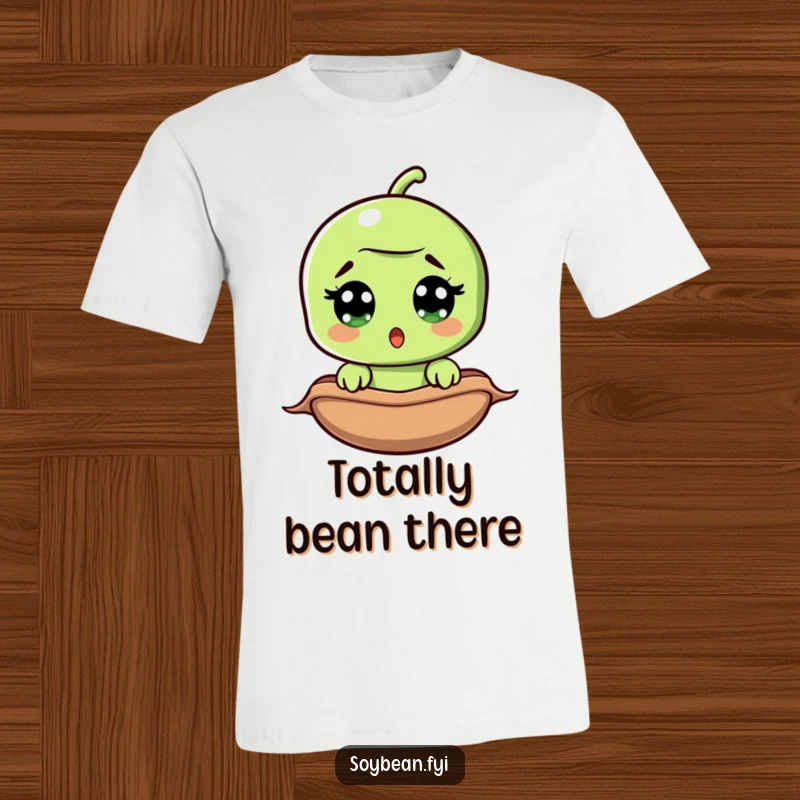 Funny surprised soybean t-shirt, wide-eyed bean peeking from pod, hilariously shocked veggie graphic, comfortable and stylish.