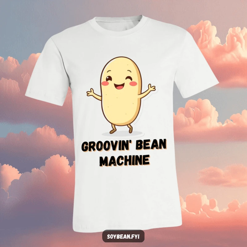 Funny Kawaii soybean character with a big grin, doing a silly, energetic dance, printed on a comfortable T-shirt.