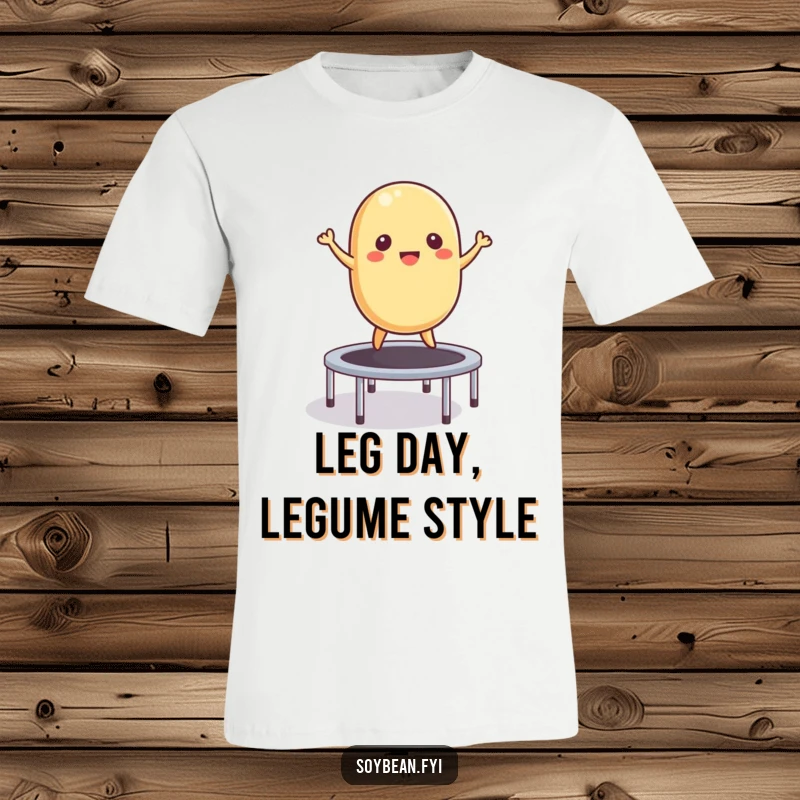 Funny T-Shirt: Animated soybean mid-bounce on a small trampoline, conveying boundless energy and playful silliness.