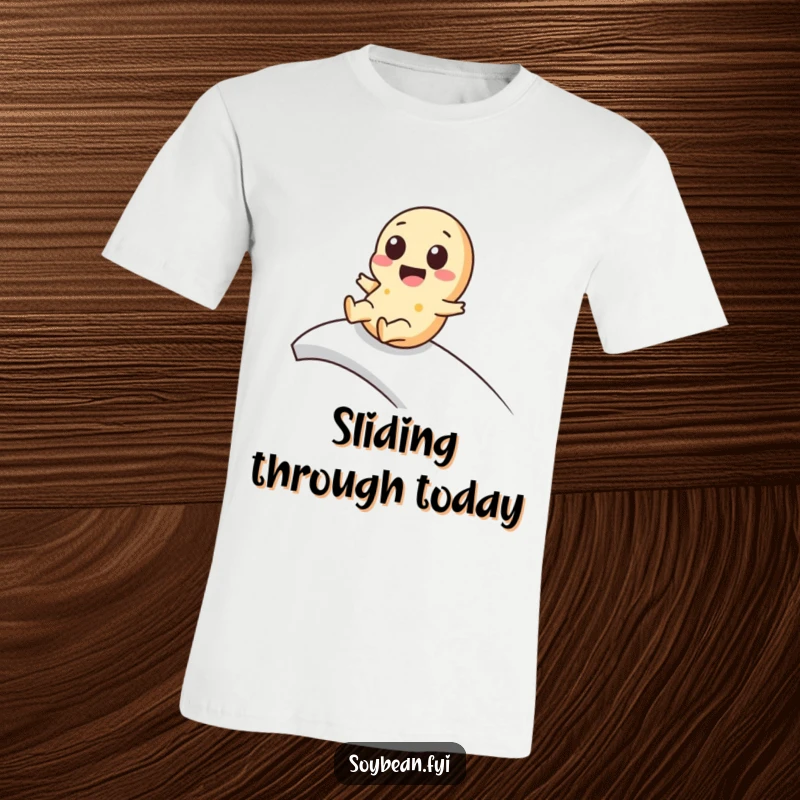 Funny kawaii soybean t-shirt depicting a cute character smoothly sliding down a ramp with a look of pure enjoyment.