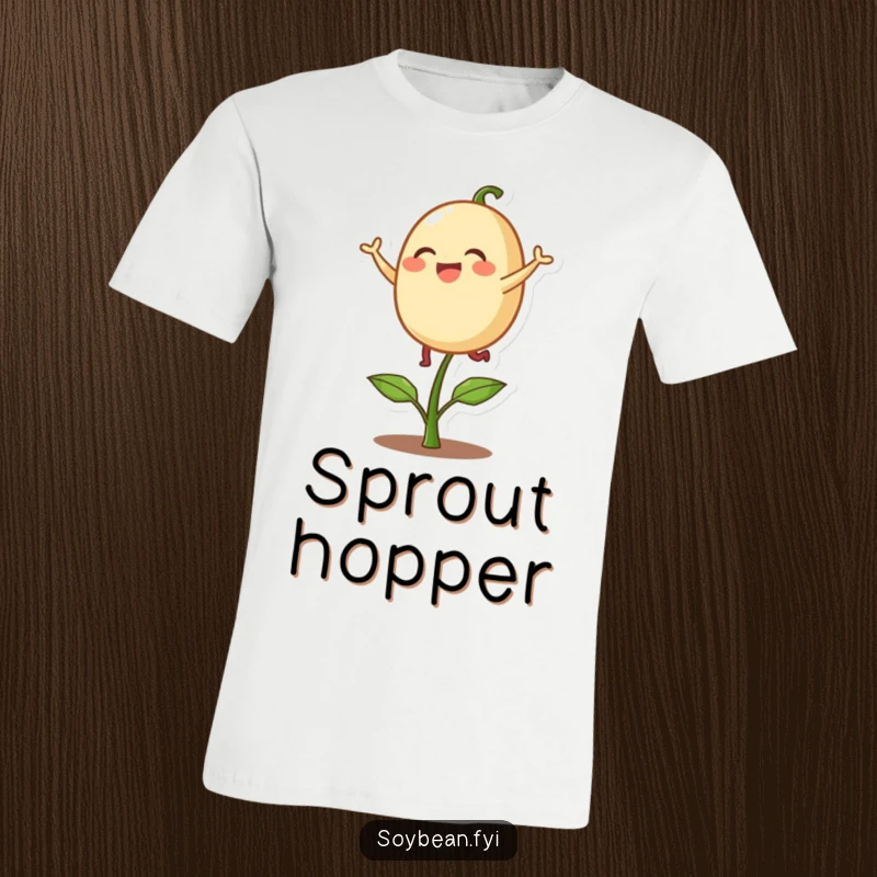 Funny t-shirt depicting a delighted soybean character energetically bouncing on a single sprout, showcasing pure joy and a carefree attitude.