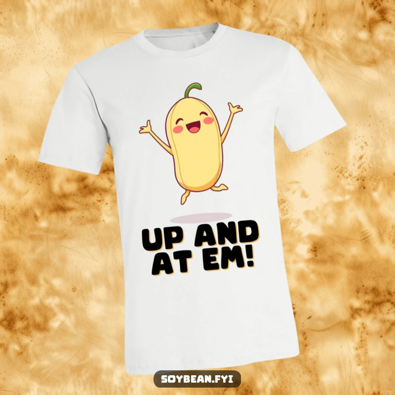 Funny Soybean T-Shirt: An excited soybean performs a dynamic jumping jack, showcasing peak energy and enthusiasm.