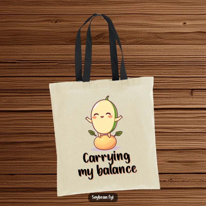Funny tote bag with a playful soybean character balancing on a bean pod, perfect for carrying essentials with healthy humor.