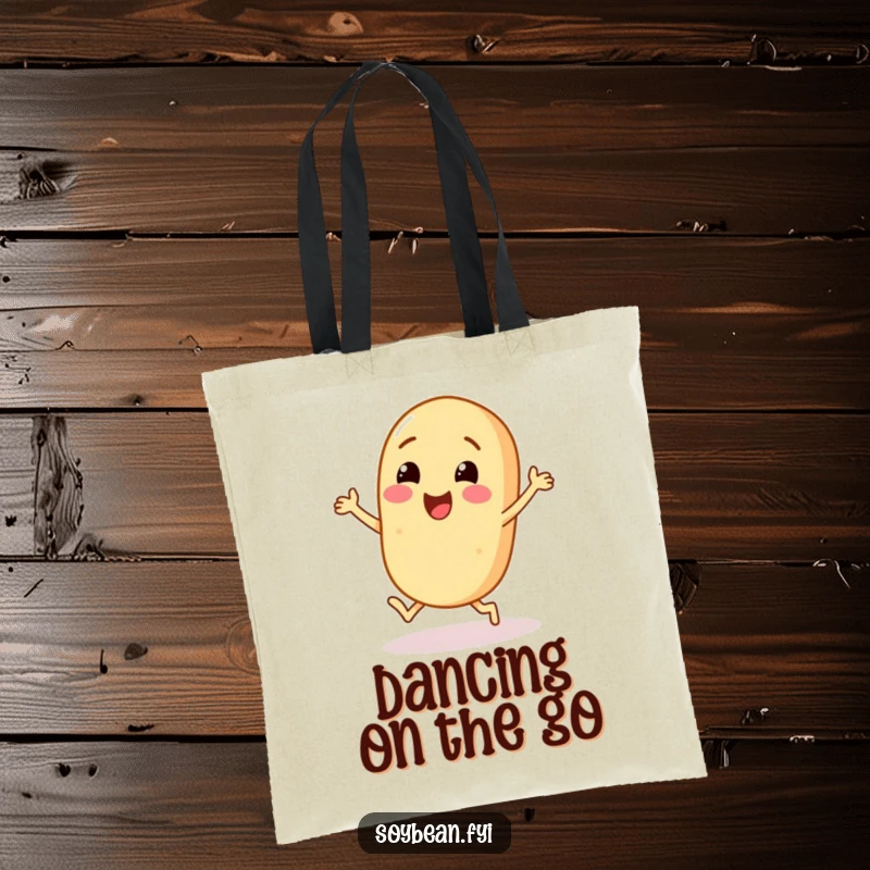 Funny Soybean Tote Bag: A happy soybean character doing a lively dance with its cute little feet.