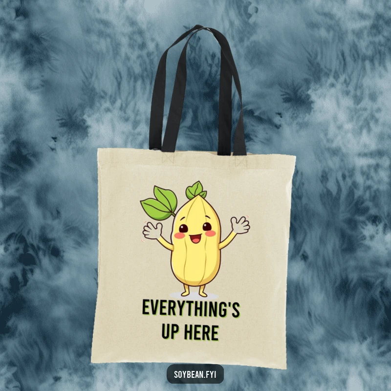 Funny kawaii soybean character happily waving its leafy arms, printed on a reusable tote bag.