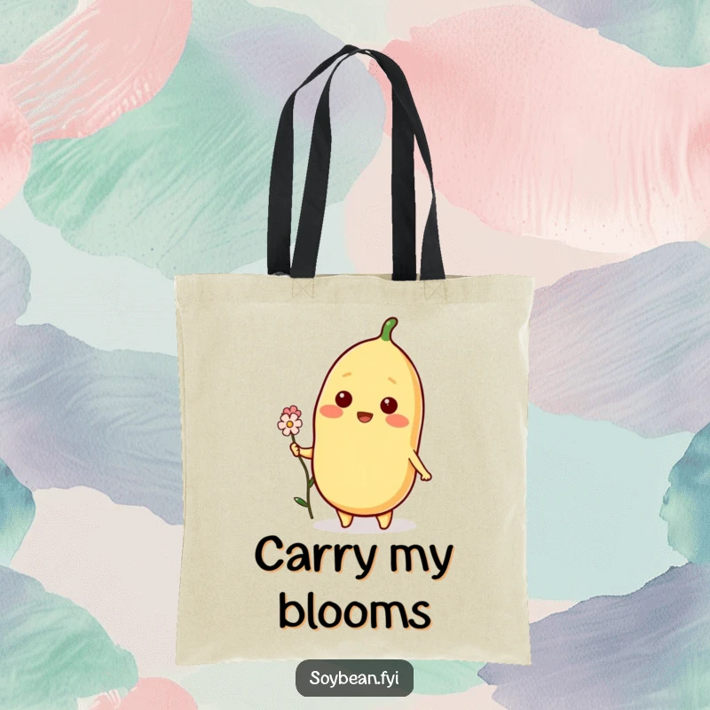 Funny Soybean Tote Bag with a beaming soybean character offering a flower, perfect for carrying essentials with a touch of kindness.