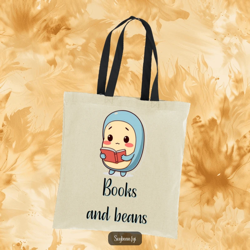 Funny tote bag showcasing a pensive soybean character holding a small book, ideal for carrying books and essentials with intellectual humor.