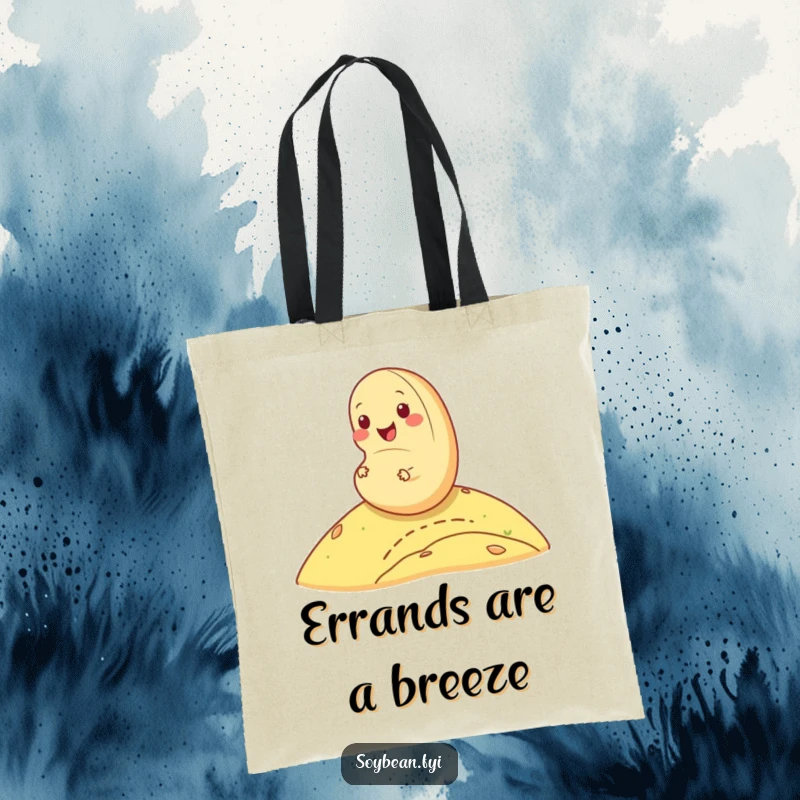 Funny cheerful soybean tote bag rolling down a hill, perfect for carrying essentials with a smile, a wonderful funny gift.