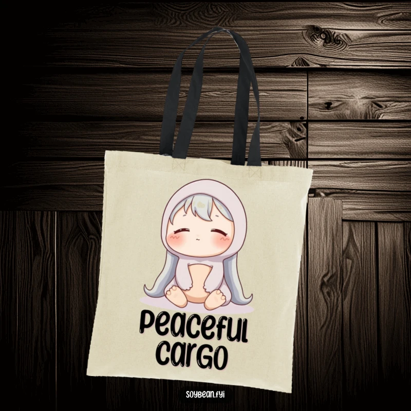 Funny Soybean Tote Bag: A content soybean sits peacefully on a tote bag, perfect for calm everyday use.