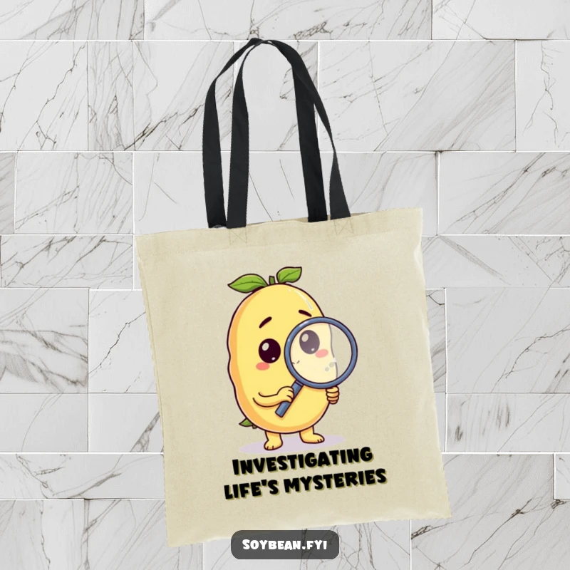 Funny soybean tote bag with a curious anthropomorphic character holding a magnifying glass, perfect for carrying items with inquiry.