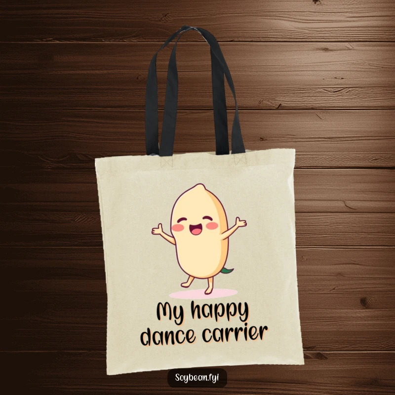Funny dancing soybean tote bag art, showing a jubilant soybean in mid-dance, ready to carry your goods with a smile.